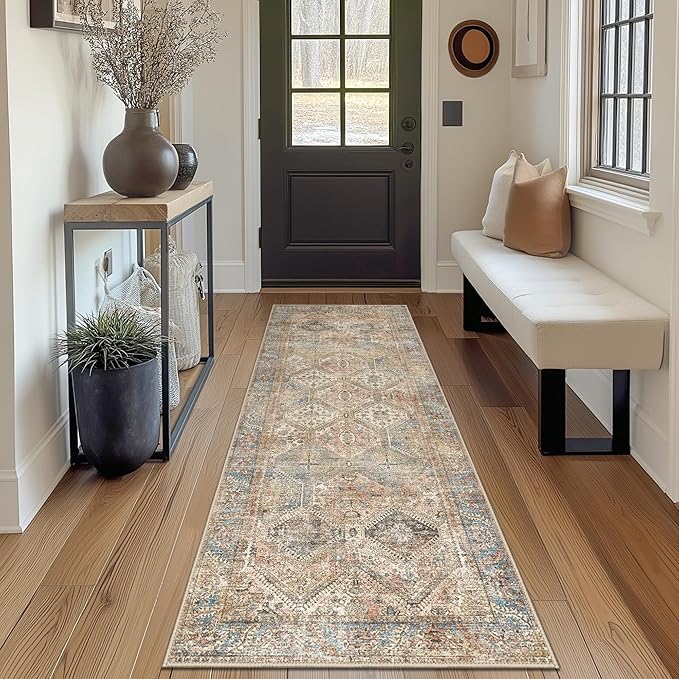 Bavni 2x10 Runner Rug Non Slip, Machine Washable Rug Runners for Hallways, Vintage Distressed Print Kitchen Runner, Low Pile Lightweight Carpet for Entryway Laundry Bedroom Bathroom Wood Brown