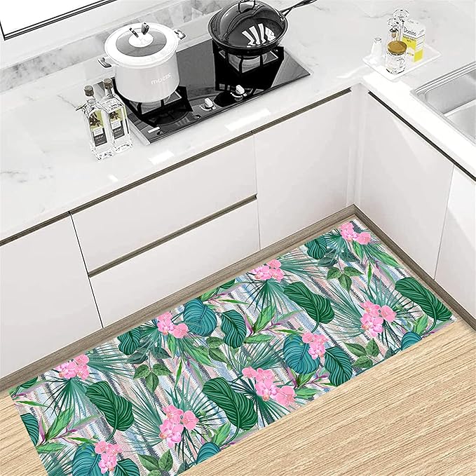 Tropical Runner Rug 2.6x10 ft - Floral & Leaf Print, Pink Flowers & Greenery - Non-Slip Easy Clean - Hallway, Living Room, Bedroom - Bohemian Watercolor Style