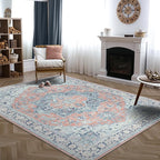 Bloom Rugs Washable Non-Slip 9' x 12' Rug - Coral/Blue Traditional Medallion Area Rug for Living Room, Bedroom, Dining Room, and Kitchen - Exact Size: 9' x 12'