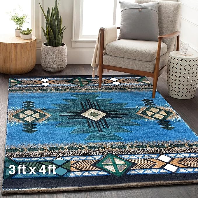 YHSF South West Native American Area Rug C318 - Easy Clean, Thick, Soft, Durable Native Tribal American Indian Inspired Rug for Bedroom/Living Room and More - Blue-Green, 3 Feet x 4 Feet 7 Inches