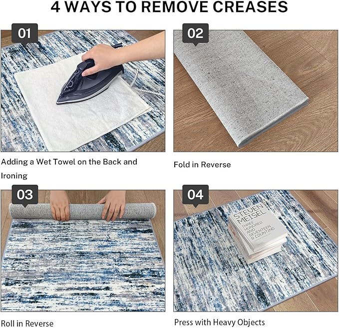 Modern Abstract Bedroom Runner Rug 2x7, Grey Blue White Washable Kitchen Runner, Non-Slip Soft Thin Faux Wool Mat for Entryway, Hallway, Laundry Room, Indoor Home Decor
