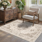3x5 Vintage Washable Area Rugs Boho Medallion Large Distressed Retro Accent Carpet Floral Non-Slip Soft Low Pile Indoor Throw Rug for Living Room Bedroom Dining Room Office Kitchen, Taupe
