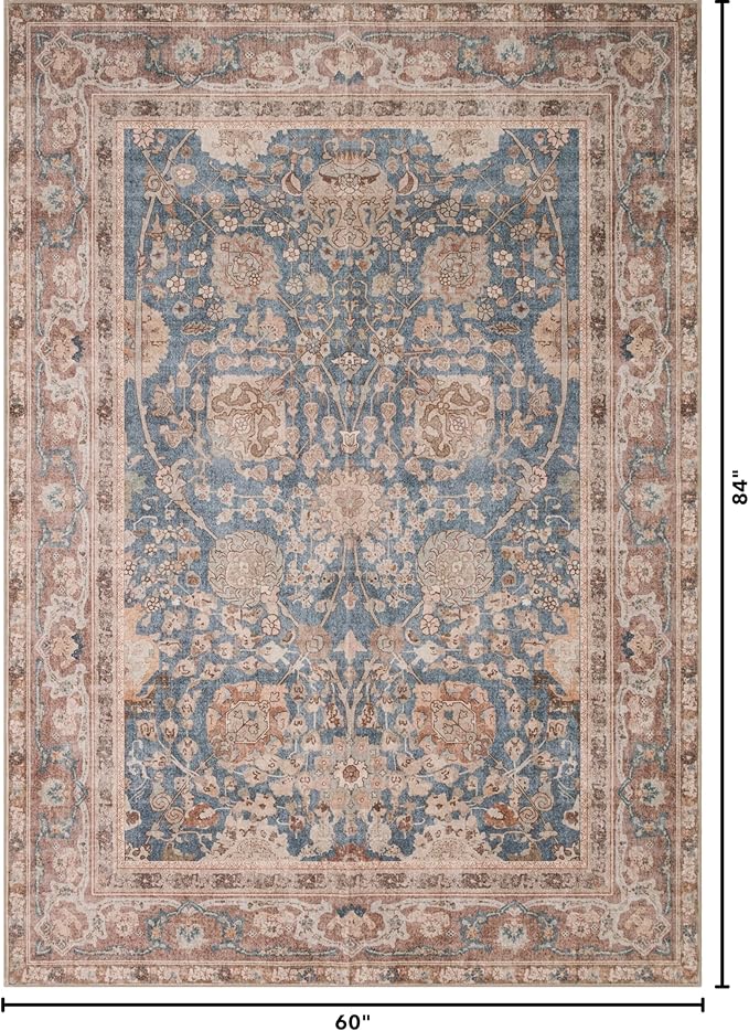 Kuden 5x7 Area Rug, Machine Washable Area Rug with Non-Slip Backing, Vintage Style, Soft, Easy Clean, Low Pile Rug for Living Room, Bedroom, Dining Room