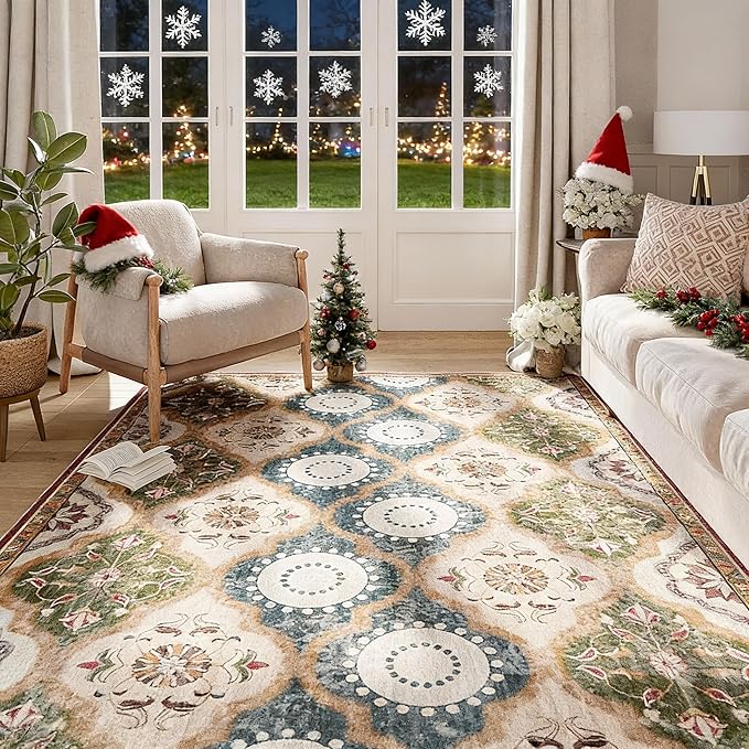 EnHomee Boho Chic 4x6 Washable Rug - Soft, Low Pile & Durable for High-Traffic Living Rooms & Bedrooms Stain Resistant, Non-Slip Easy Clean Carpet in Red&Green