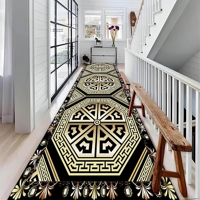 Black Gold Art Runner Rugs, 3.3x10ft, Vintage Greek Key Entrance Rug, Baroque Aesthetic Non-Slip Low Pile Soft Carpets, Cozy Absorbent Durable Non-Shedding Mat for Hallway Bedroom
