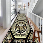 Black Gold Art Runner Rugs, 1.3x7ft, Vintage Greek Key Entrance Rug, Baroque Aesthetic Non-Slip Low Pile Soft Carpets, Cozy Absorbent Durable Non-Shedding Mat for Hallway Bedroom