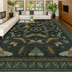 Forest Green Rugs for Living Room - 9x12 Big Rugs for Bedroom, Dining Room, Guest Room, Insect Moth Décor, Non Slip Low Pile