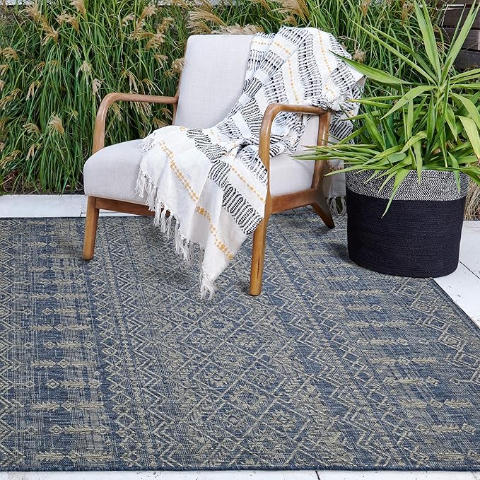 FH Home Flat Woven Outdoor Rug - Waterproof, Easy to Clean, Stain resistant - Premium Polypropylene Yarn - Boho Moroccan - Patio, Deck, Porch, Balcony, Laundry Room - Dakar - Blue - 3ft 11in x 5ft 6in