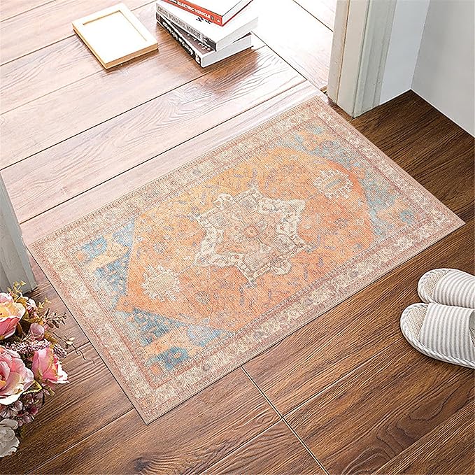 GLN Rugs Traditional Collection - Machine Washable Area Rug, Traditional Washable, Non Slip, Low Pile Chenille Rug, Living Room, Bedroom, Kitchen Rug (2' x 3' Terra/Multicolor)