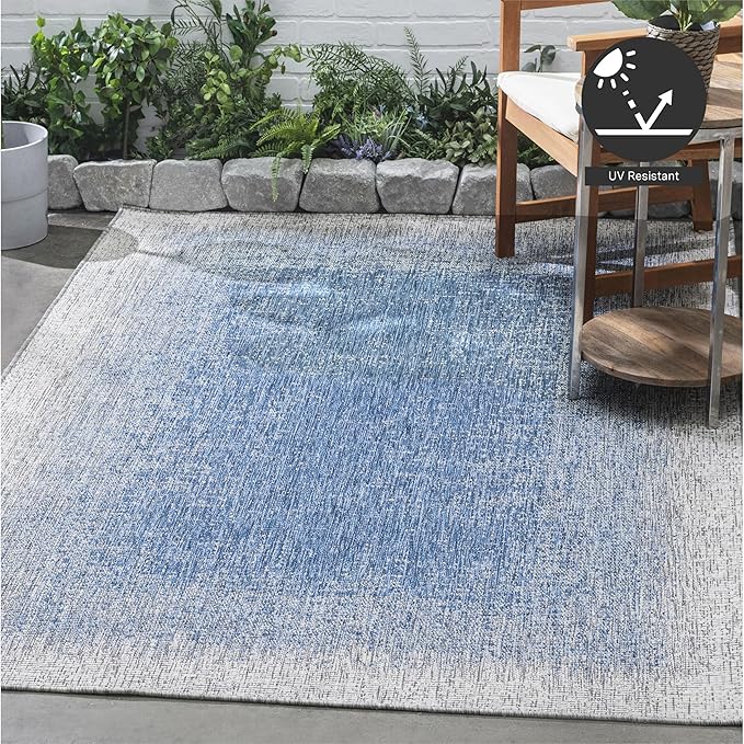 FH Home Flat Woven Outdoor Rug - Waterproof, Easy to Clean, Stain Resistant - Premium Polypropylene Yarn - Modern Ombre - Large Patio, Deck, Sunroom - Dhruva - Blue - 7ft 8in x 9ft 8in