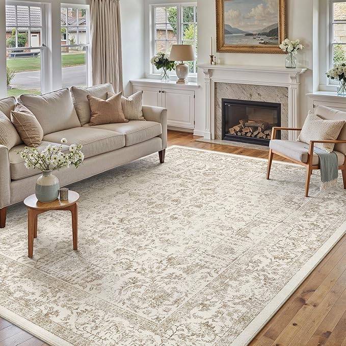 Light Brown Area Rug 5x8 Machine Washable Vintage Living Room Distressed Non Slip Carpet Traditional Indoor Bedroom Retro Floral Accent Throw Large Rug Office Kitchen Bathroom Dining Room