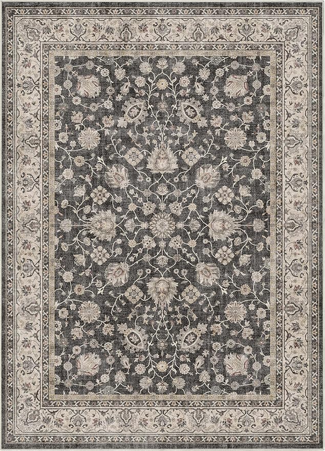 Well Woven Asha Rome Black 6' x 9' Area Rug - Oriental Floral Pattern, Easy Clean, Floor-Friendly Backing - for Living Room, Bedroom, and Dining Room