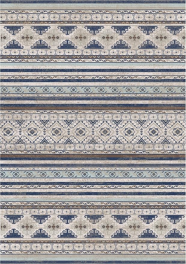 RUGSURE Washable Area Rugs 5' x 7' - 1/6 Thick - Moroccan-Inspired -Stain & Water Resistant Non-Slip - Resistant Rug for Living Room, Bedroom, Nursery, Pet & Child Friendly (Blue and Brown)