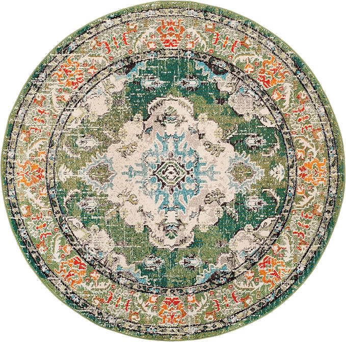 SAFAVIEH Monaco Collection Area Rug - 10' Round, Forest Green & Light Blue, Medallion Distressed Design, Non-Shedding & Easy Care, Ideal for High Traffic Areas in Living Room, Bedroom (MNC243F)