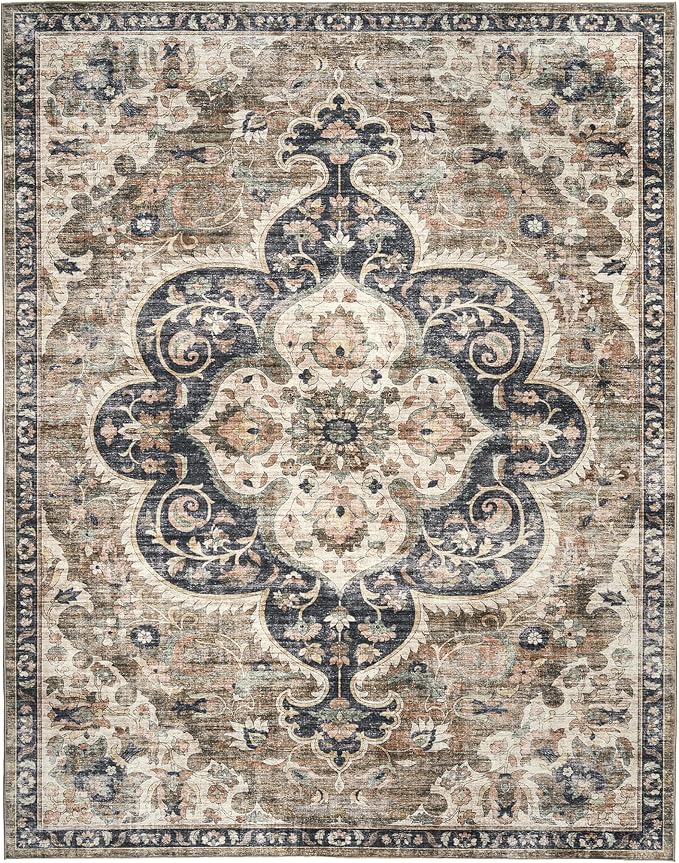 ReaLife Rugs Machine Washable Area Rug - Living Room Bedroom Bathroom Kitchen Entryway Office - Padded Low Pile Stain Resistant Premium - Boho Farmhouse Vintage - Joy - Brown Beige 4' x 6'