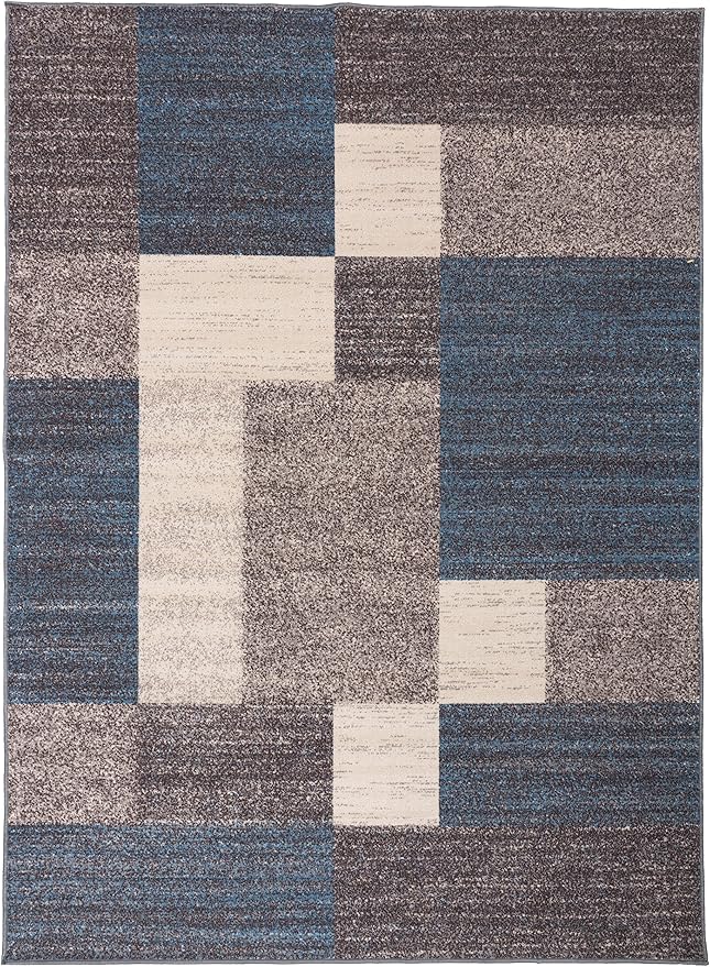 Rugshop Contemporary Blue Geometric Boxes Non-Slip Area Rug Non-Shedding for Living Room, Dining Room and Office, 3'3" x 5'