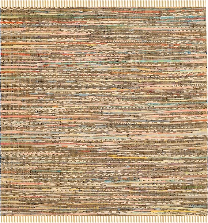 SAFAVIEH Rag Rug Collection Area Rug - 6' Square, Yellow & Multi, Handmade Boho Stripe Cotton, Ideal for High Traffic Areas in Living Room, Bedroom (RAR121H)