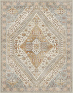 Bavni Washable Rug 8x10 Area Rug for Living Room Bedroom Dining, Washable Vintage Print Carpet, Ultra-Thin Chenille Low Pile Lightweight Rug with Non Slip Backing, Tan/Grey