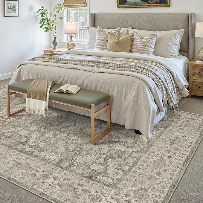 Brown 8x10 Area Rug Vintage Washable Living Room Carpet Non Slip Bedroom Indoor Office Low Pile Large Traditional Distressed Retro Accent Rug for Dining Room Bathroom Kitchen