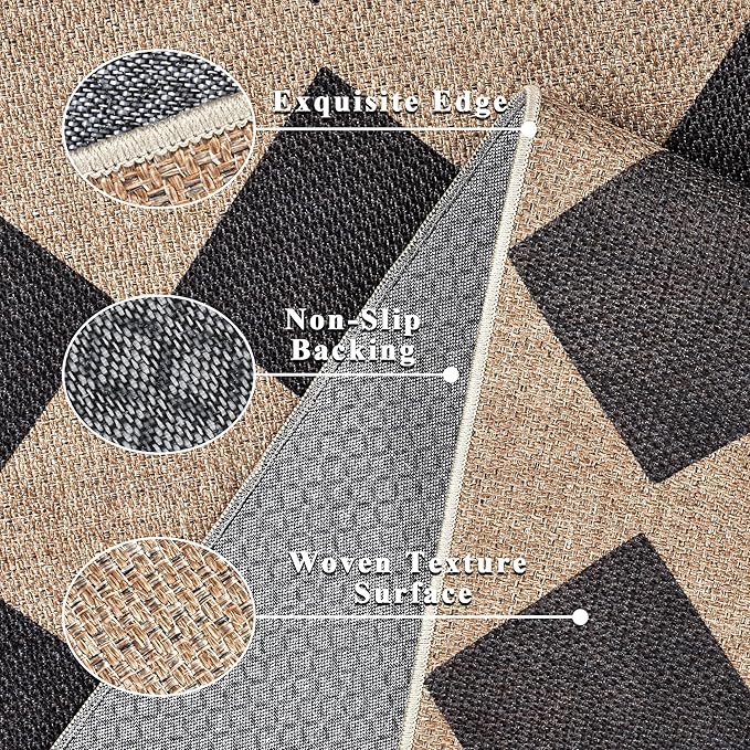 Checkered Easy Jute Rug 8x10 Outdoor Rug Large Washable Area Rugs for Living Room Bedroom Non Slip Neutral Farmhouse Indoor Outdoor Carpet for Backyard Patio Office