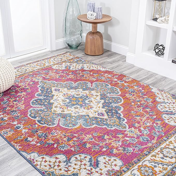 JONATHAN Y Boho Vintage Fuchsia/White Indoor Area Rug, 4x6, Bohemian Flair Medallion, Floral Easy-Cleaning High Traffic for Living Room, Bedroom, Kitchen, Pet-Friendly, Non-Shedding (BMF106C-4)