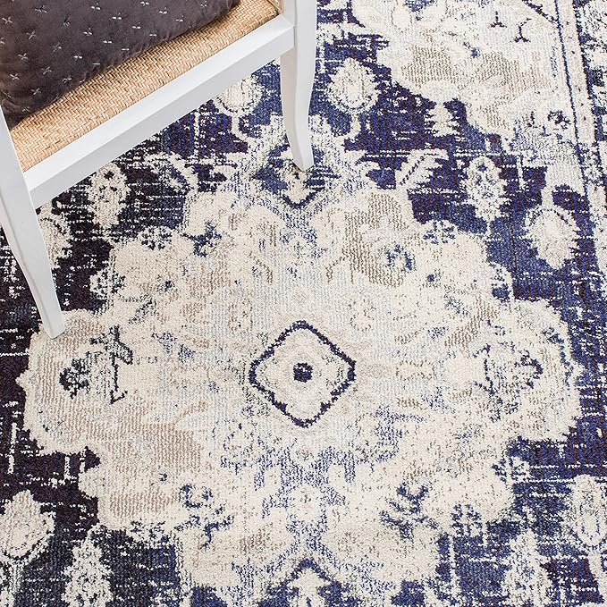 SAFAVIEH Monaco Collection Accent Rug - 3' x 5', Ivory & Navy, Boho Chic Medallion Distressed Design, Non-Shedding & Easy Care, Ideal for High Traffic Areas in Entryway, Living Room, Bedroom (MNC243C)