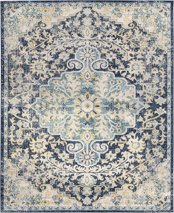Livabliss Area Rugs - 8x10 Odelia Vintage Boho Blue Aqua Slate Area Rug for Living Room Bedroom - Floral Medallion Stain Resistant Carpet for Kitchen, Nursery, Office (7'10" x 10')