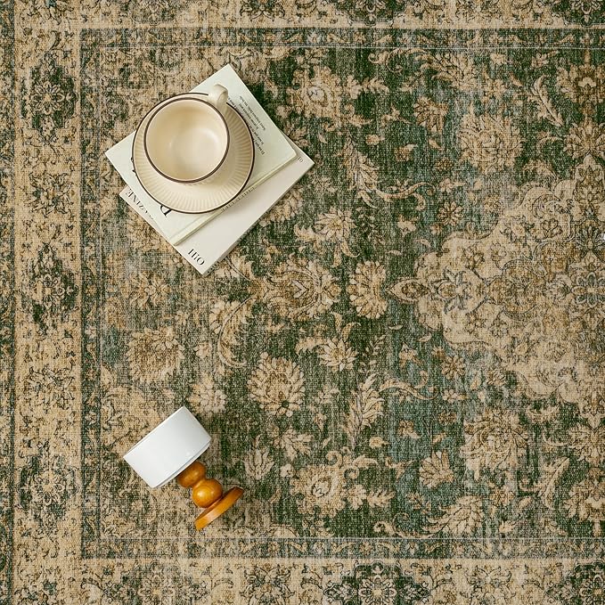 HUGEAR Retro Green Area Rug 6x9 Machine Washable Living Room Rugs Distressed Vintage Floral Low Pile Carpet Bedroom Office Dining Room Laundry Room Non Slip Soft Lightweight