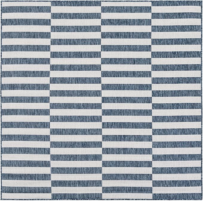 Unique Loom Outdoor Striped Collection Area Rug - Striped (6' 1" Square Blue/Ivory)