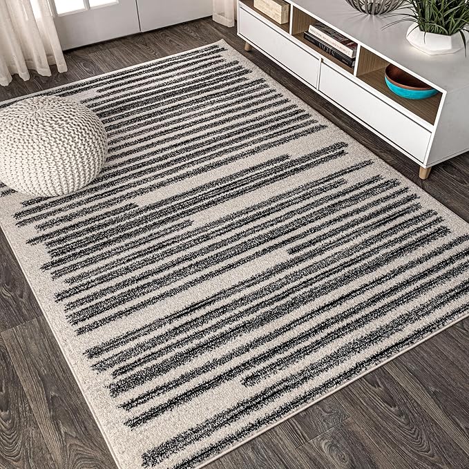 JONATHAN Y Khalil Modern Berber Stripe Cream/Black Indoor Area Rug, 4x6, Contemporary, Bohemian, Easy-Cleaning for Living Room, Bedroom, Kitchen, Pet Friendly, Non-Shedding (MOH207A-4)