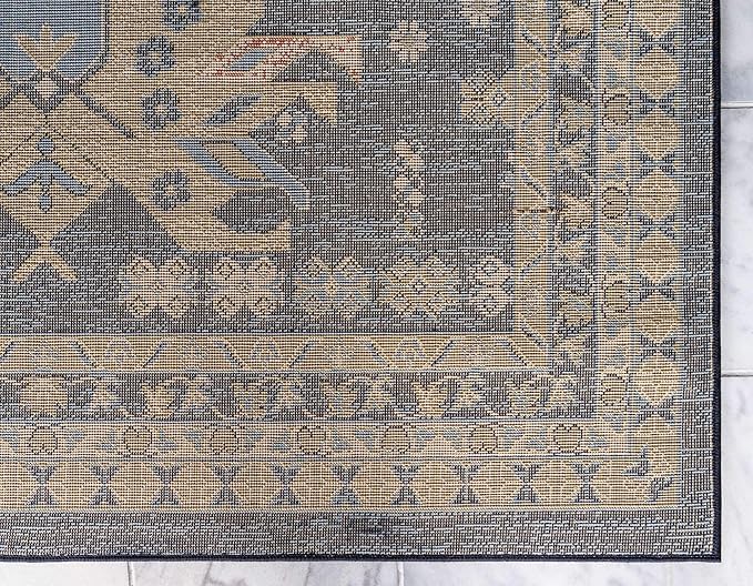 Unique Loom Taftan Collection Border Geometric Tribal Inspired Design Area Rug (9' 0 x 12' 0 Rectangular, Navy Blue/ Gold)