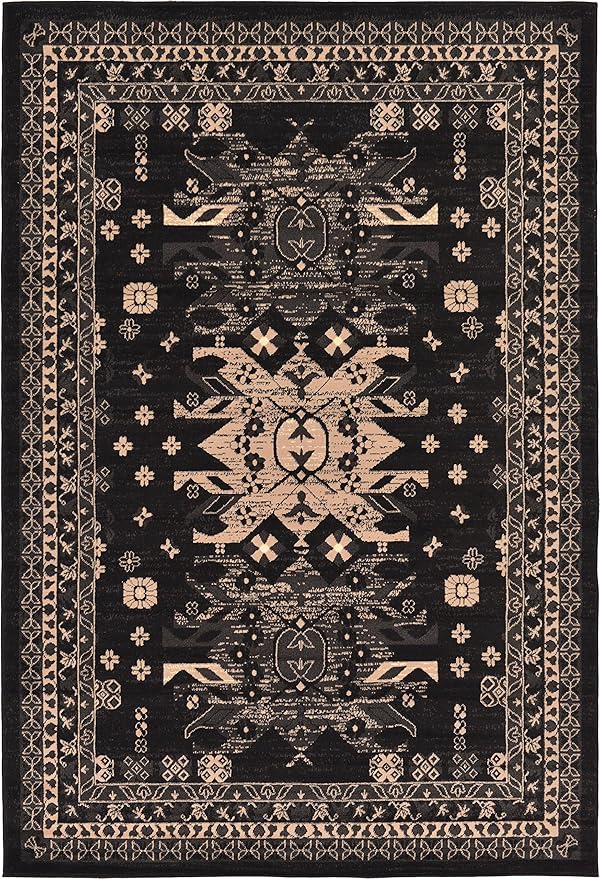 Unique Loom Taftan Collection Border Geometric Tribal Inspired Design Area Rug (6' 0 x 9' 0 Rectangular, Black/ Gray)
