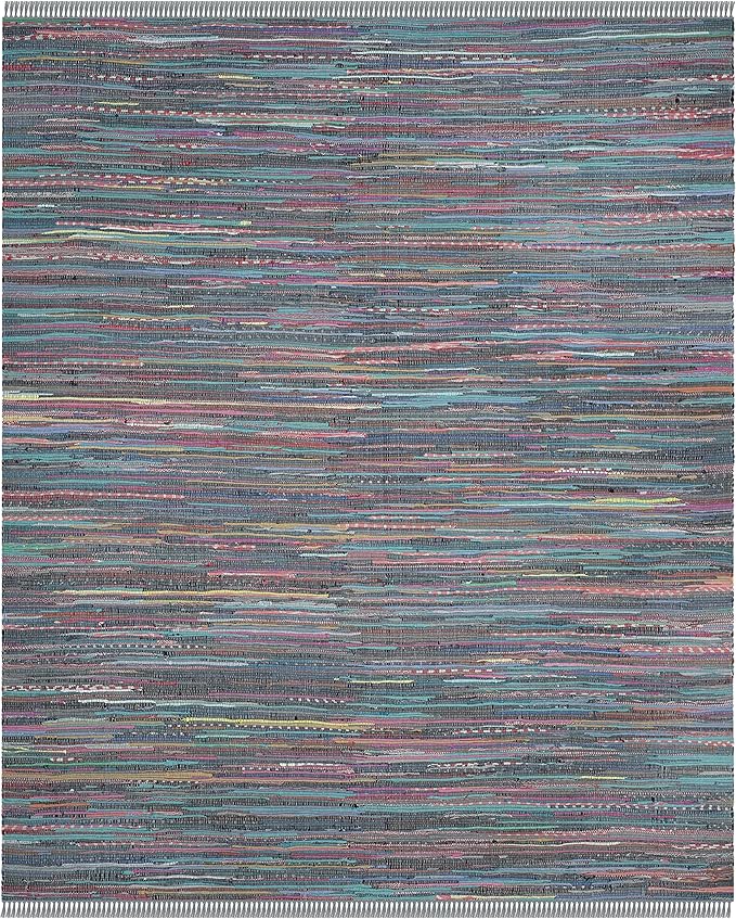 SAFAVIEH Rag Rug Collection Area Rug - 10' x 14', Aqua & Multi, Handmade Boho Stripe Cotton, Ideal for High Traffic Areas in Living Room, Bedroom (RAR121K)