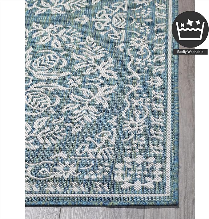 FH Home Flat Woven Outdoor Rug - Waterproof, Easy to Clean, Stain Resistant - Premium Polypropylene Yarn - Farmhouse - Porch, Deck,Balcony,Laundry Room - Marbella - Ocean - 2ft 8in x 4 ft 11in