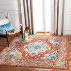 SAFAVIEH Monaco Collection Area Rug - 4' Square, Orange & Light Blue, Boho Chic Medallion Distressed Design, Non-Shedding & Easy Care, Ideal for High Traffic Areas in Living Room, Bedroom (MNC243H)