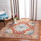 SAFAVIEH Monaco Collection Area Rug - 11' Square, Orange & Light Blue, Boho Chic Medallion Distressed Design, Non-Shedding & Easy Care, Ideal for High Traffic Areas in Living Room, Bedroom (MNC243H)