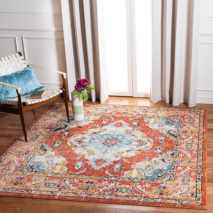SAFAVIEH Monaco Collection Area Rug - 8' Square, Orange & Light Blue, Boho Chic Medallion Distressed Design, Non-Shedding & Easy Care, Ideal for High Traffic Areas in Living Room, Bedroom (MNC243H)