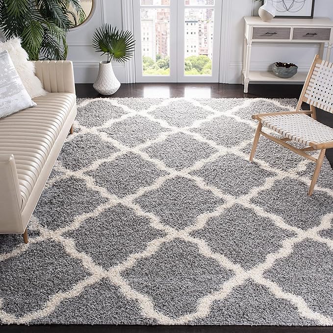 SAFAVIEH Dallas Shag Collection Area Rug - 6' Square, Grey & Ivory, Trellis Design, Non-Shedding & Easy Care, 1.5-inch Thick Ideal for High Traffic Areas in Living Room, Bedroom (SGD257G)