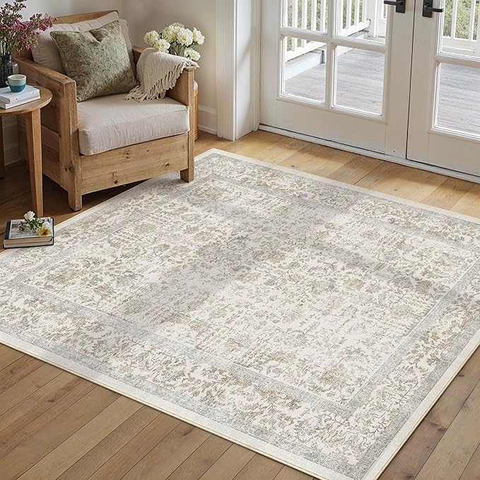Taupe Area Rug 4x6 Office Entryway Rug Machine Washable Kitchen Vintage Distressed Non Slip Carpet Indoor Retro Floral Accent Throw Door Mat for Bathroom Bedroom Dining Living Room