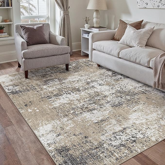 5x7 Abstract Area Rug Brown Washable Non Slip Living Room Carpet Modern Neutral Low Pile Ultra Soft Bedroom Throw Rug Contemporary Indoor for Kitchen Office Laundry Dining Room Bathroom