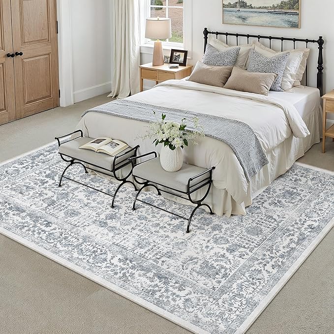 Navy Blue Area Rug 5x8 Machine Washable Vintage Living Room Distressed Non Slip Carpet Traditional Indoor Bedroom Retro Floral Accent Throw Large Rug for Office Kitchen Bathroom Dining Room