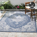 FH Home Outdoor Area Rug - Waterproof Easy to Clean Stain Resistant - Patio Indoor Outdoor Porch Deck Balcony Entryway - Vintage Distressed - Gorgan - Blue - 7ft 8in x 9ft 8in