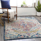 Livabliss Area Rugs - 8x8 Odelia Vintage Boho Aqua Burgandy Blue Square Area Rug for Living Room Bedroom - Floral Medallion Stain Resistant Carpet for Kitchen, Nursery, Office (7'10" Square)