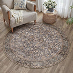 Hugear Round Rug 5ft Entryway Rugs Machine Washable Tradition Brown Hallway Area Rug 5x5 Small Circle Accent Rug Floral Low Pile Carpet Soft Throw Rug Living Room Office Laundry Room Entrance Non Slip
