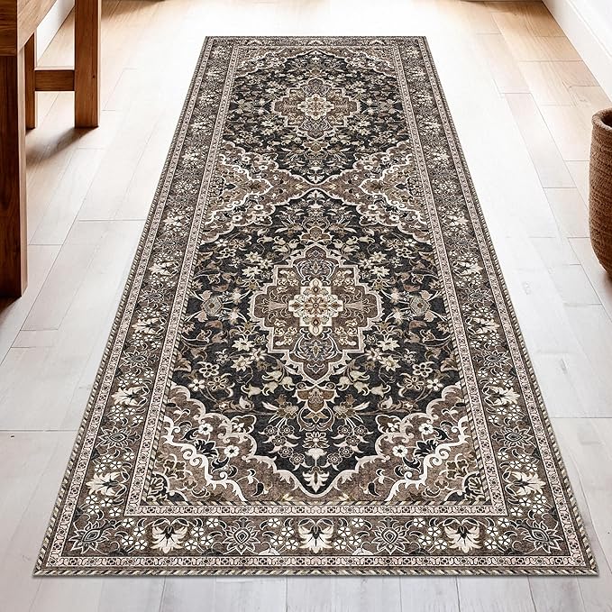 Washable Runner Rug 2x8 | Non Slip Rug Runners for Hallways, Entryways, Kitchens, Bathrooms, Bedrooms | Ultra-Soft Flannel Carpet Runners with Rubber Backing (Black Brown, 2x8)