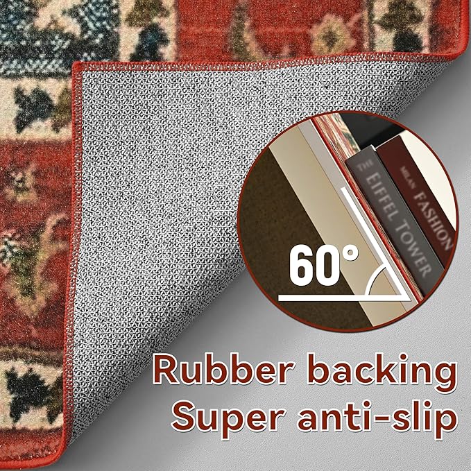 YJ.GWL Area Rugs for Living Room 4x6 Machine Washable Rugs for Bedroom, Non Slip Floral Vintage Rug Indoor Carpet, Stain Resistant Throw Rug for Dining Room Kitchen, Orange-Red
