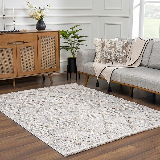 Hauteloom Bogtong Farmhouse Living Room Bedroom Moroccan Trellis Area Rug - Soft Shaggy High Low Carpet - High Pile - Bohemian, Boho - Gray, Beige, Cream - 6'7" x 9'