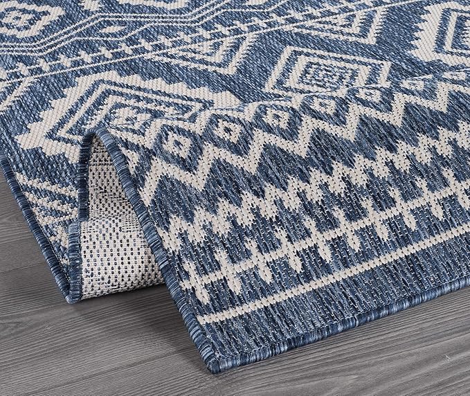 Beverly Rug Waikiki Boho Indoor Outdoor Rug 10x14, Washable Outside Carpet for Patio, Deck, Porch, Bohemian Area Rug, Farmhouse Rugs, Aztec Tribal Rug, Azure and White
