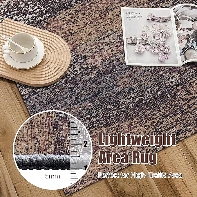 RUGSURE Washable Area Rug - 1/6" Thick Low Pile - Stain & Water Resistant Non-Slip Backing - Pet & Child Friendly Vintage Abstract Design in Multi-Tone Rust Brown, Blue & Beige (3' x 5')