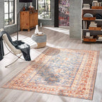 GLN Rugs Traditional Collection - Machine Washable Area Rug, Traditional Washable, Non Slip, Low Pile Chenille Rug, Living Room, Bedroom, Kitchen Rug (4' x 6' Terra/Slate Blue)